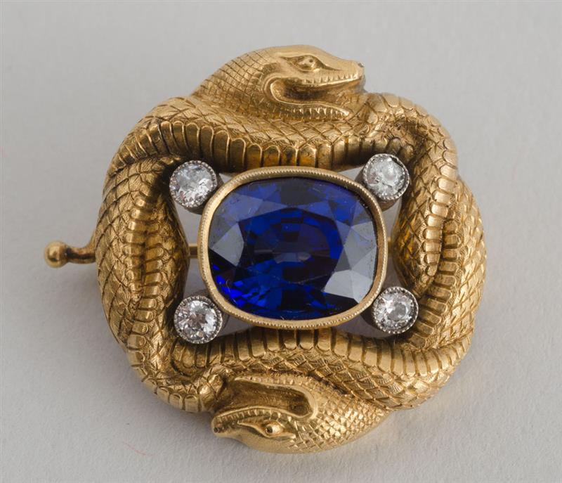 Appraisal: RUSSIAN K GOLD SAPPHIRE AND DIAMOND BROOCH Set with sapphire