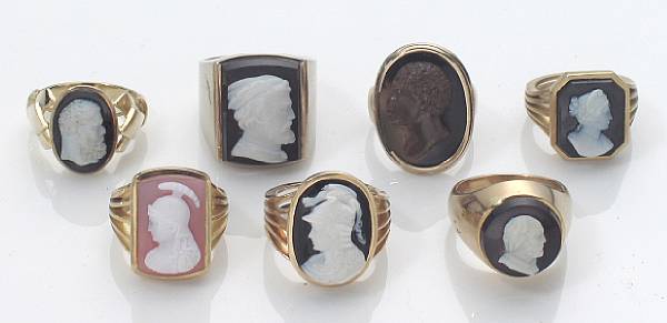 Appraisal: A collection of seven cameo and k gold rings gross