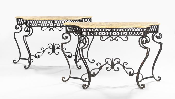 Appraisal: Pair of Wrought-Iron and Marble-Top Side Tables in the Louis