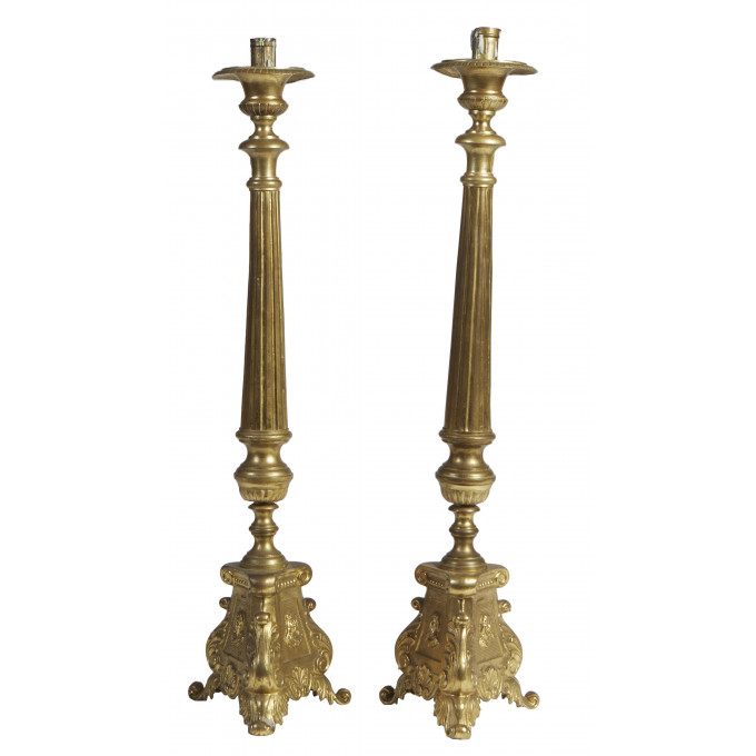 Appraisal: Pair of Brass Altar Candlesticks th c with a reeded