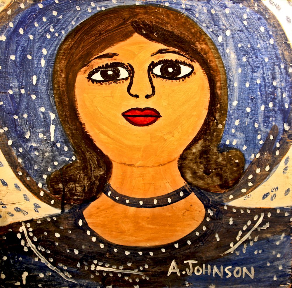 Appraisal: Outsider Art Anderson Johnson Woman in Blue Dress Hat Johnson