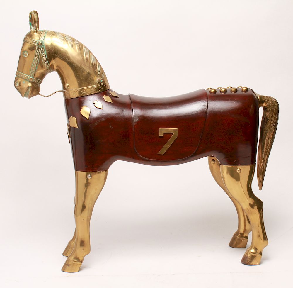 Appraisal: Carved Wood and Brass Horse Statue Sculpture Horse carved wood