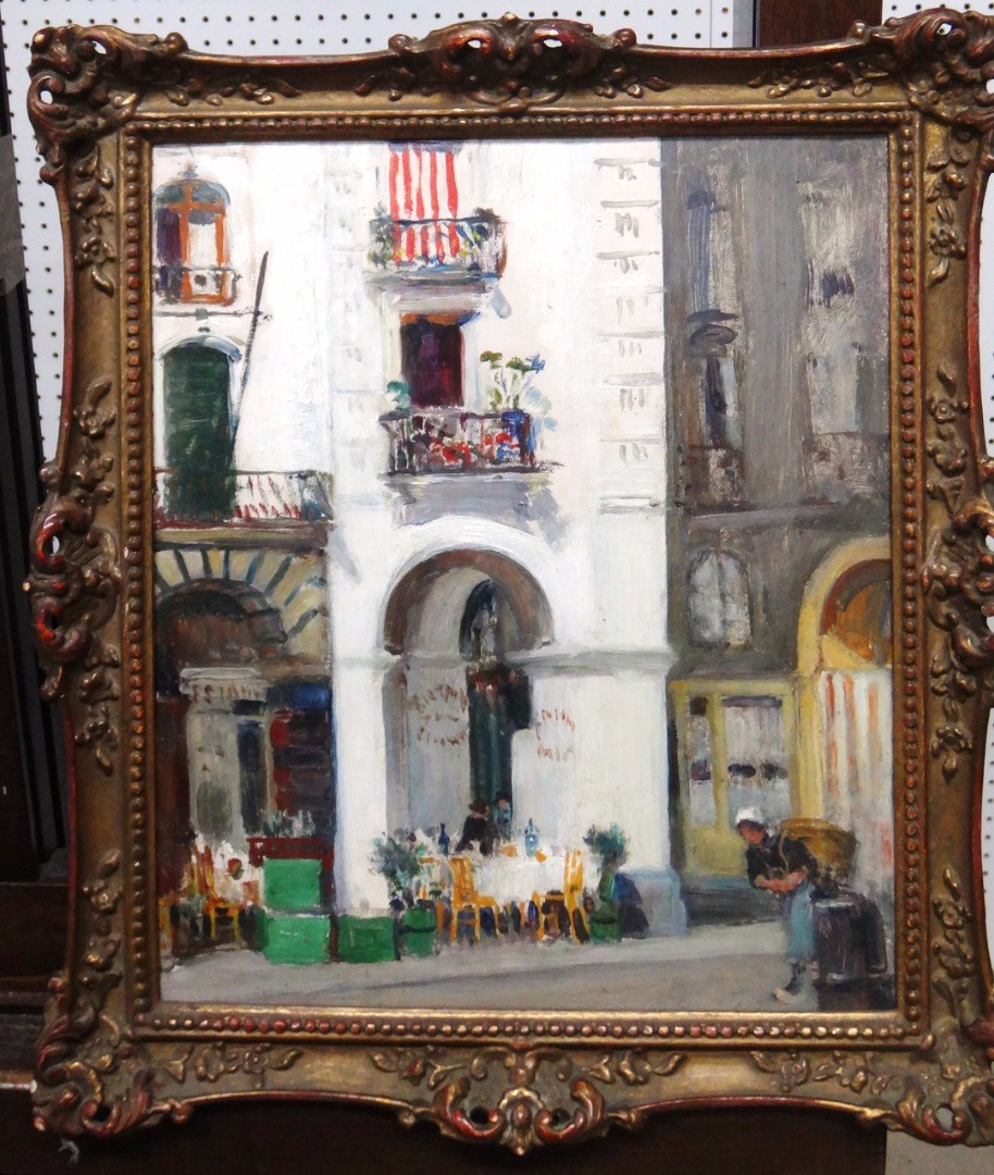 Appraisal: English School c French street scene with cafe oil on