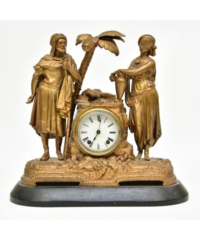 Appraisal: Patinated bronze figural 'Oasis' mantel clock with iron base h