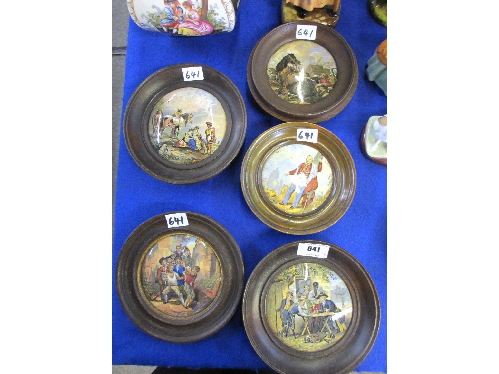 Appraisal: Five framed Prattware pot lids to include 'The Wolf and