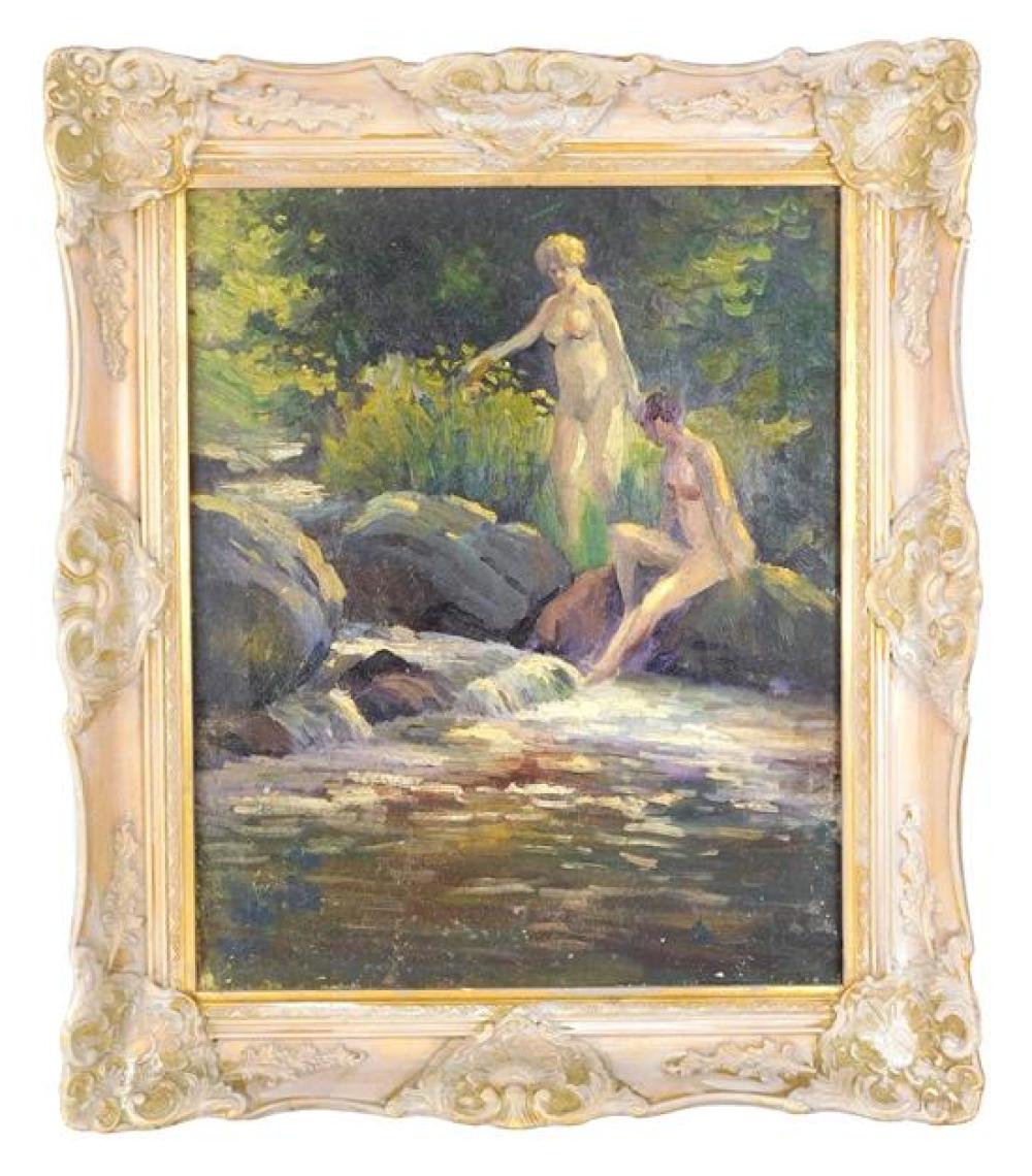 Appraisal: Unsigned ethereal riverside scene oil on canvas depicts two nude