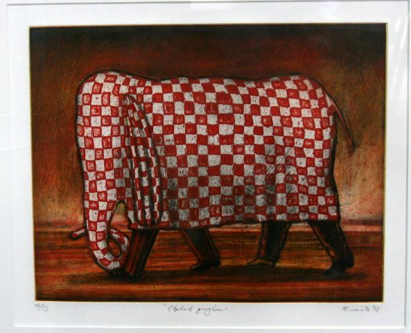 Appraisal: Geoffrey Ricardo Elephant Gingham work on paper limited edition Provenance