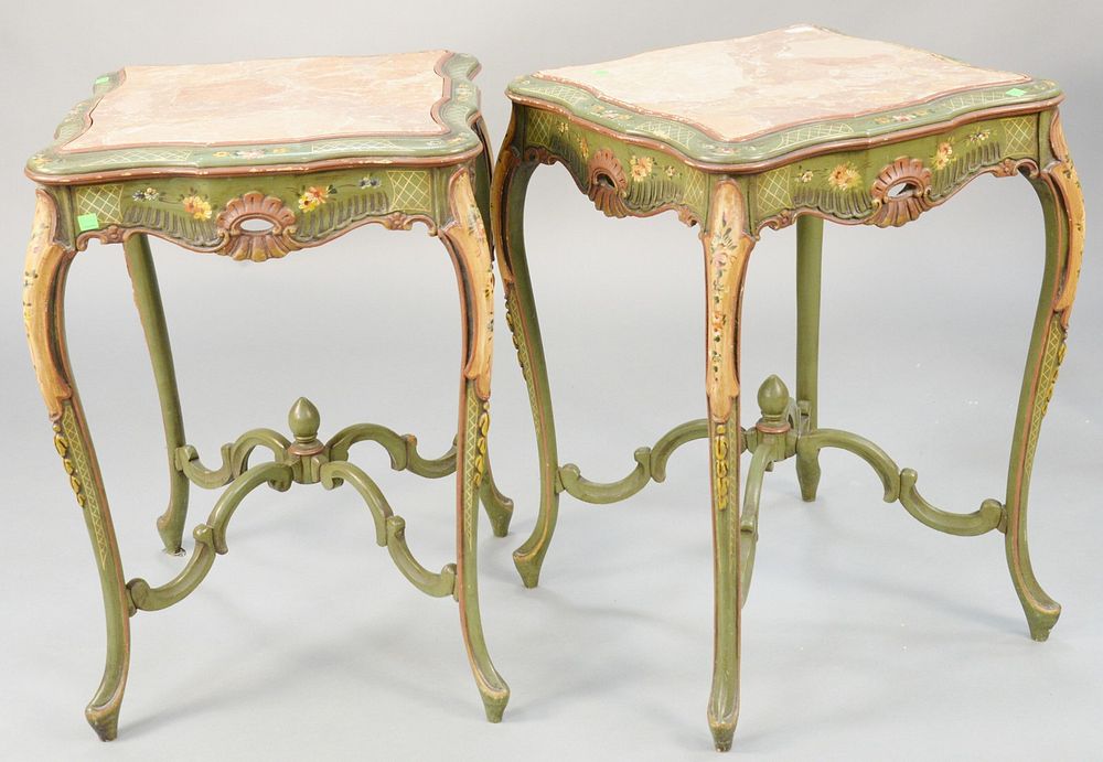 Appraisal: Pair of paint decorated tables each with inset marble tops