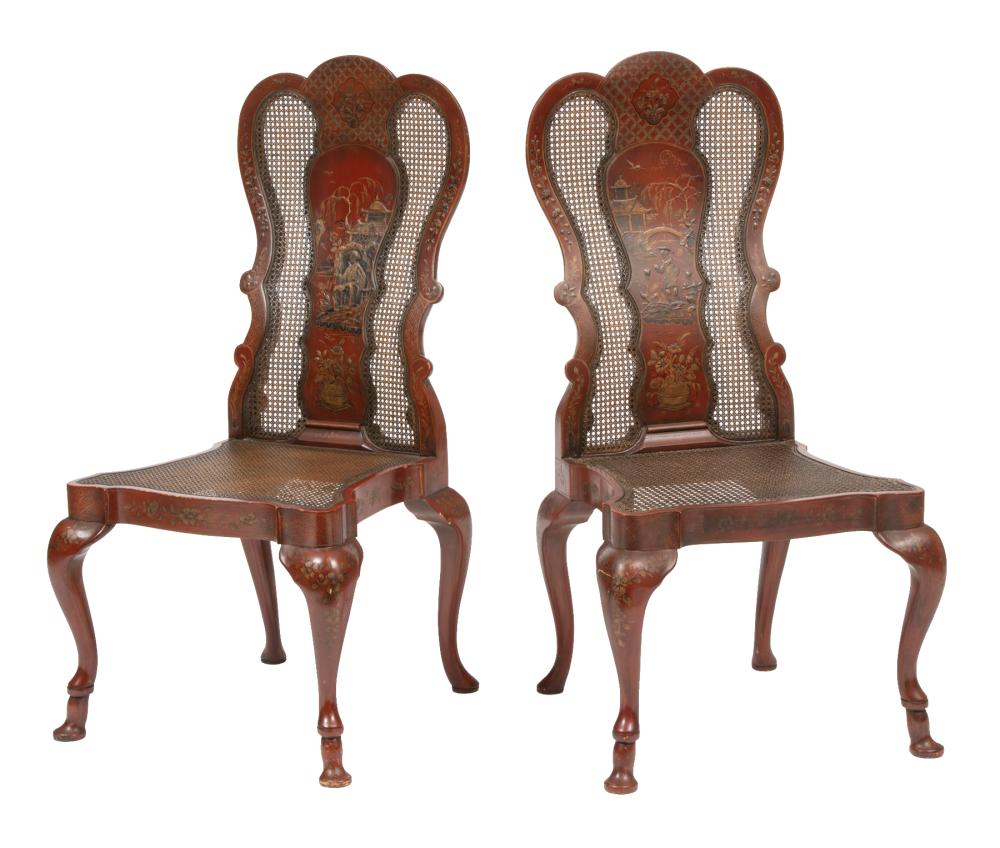 Appraisal: Pair of Antique Queen Anne-Style Red Lacquer Chinoiserie Side Chairs