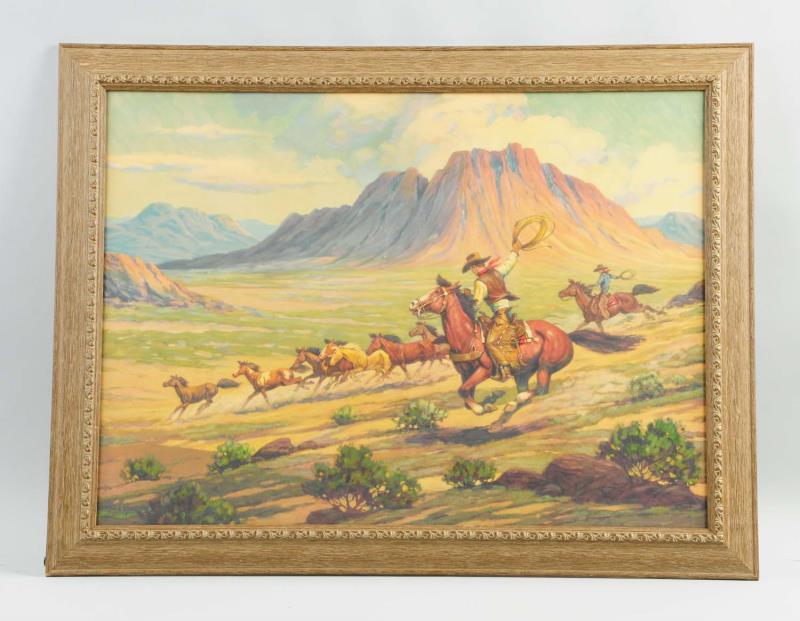 Appraisal: Framed Western Scene Art Print This print depicts cowboys pursuing