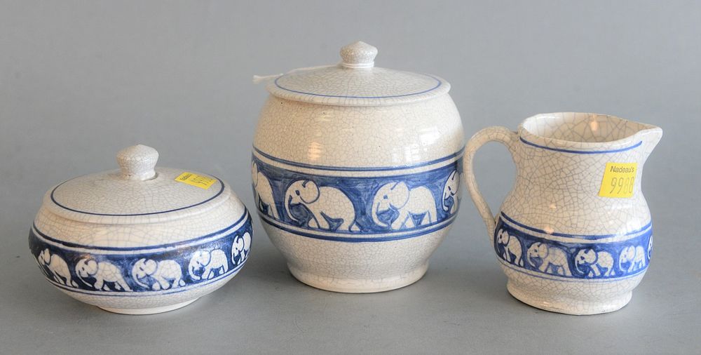 Appraisal: Three Dedham Pottery Pieces with elephant border two covered jars