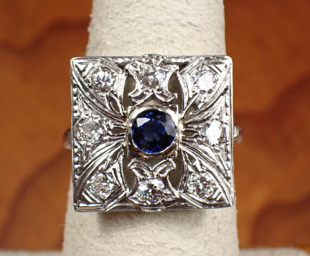 Appraisal: ANTIQUE DIAMOND SAPPHIRE AND FOURTEEN KARAT GOLD RING The white