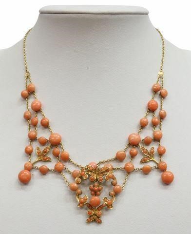 Appraisal: Estate kt yellow gold tested necklace with pink coral cabochons