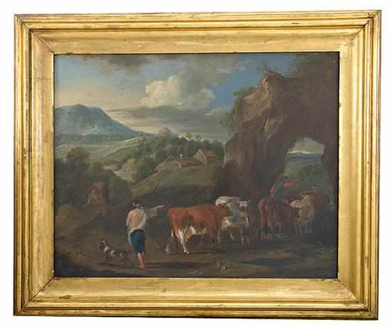 Appraisal: Continental school th century ITALIAN MOUNTAINOUS LANDSCAPE WITH CATTLE oil