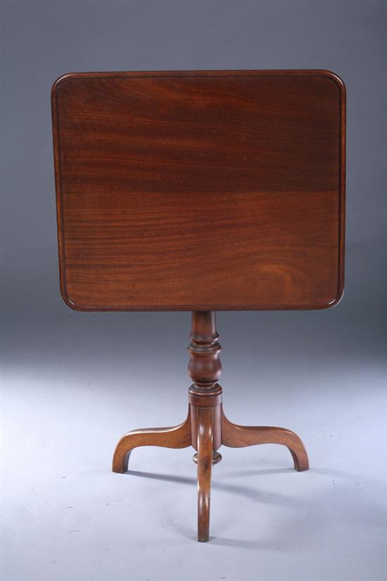 Appraisal: AMERICAN HEPPLEWHITE MAHOGANY TILT-TOP TEA TABLE circa Rectangular molded-edge top