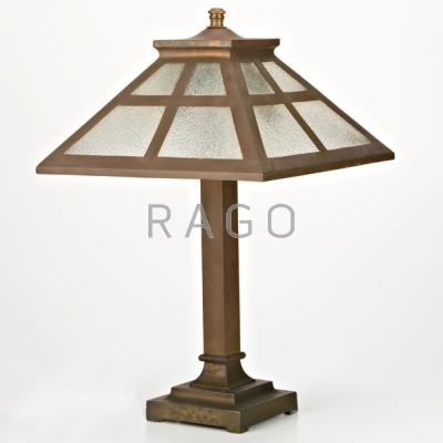 Appraisal: PRAIRIE STYLE Table lamp early th c Hammered glass patinated