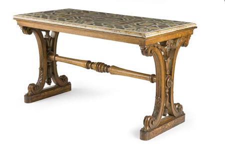 Appraisal: A William IV oak and hardstone-inlaid marble top centre table