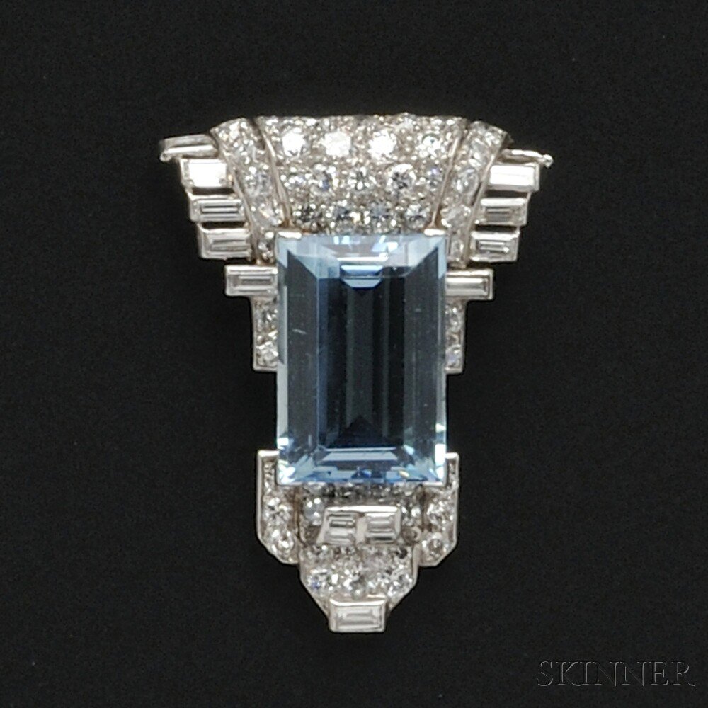 Appraisal: Platinum Aquamarine and Diamond Clip Brooch Cartier London c s