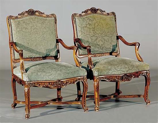 Appraisal: Pair Louis XV style carved walnut armchairs early th centurycartouche-shaped