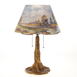 Appraisal: Pairpoint reverse painted lamp signed H Fisher Pairpoint reverse painted