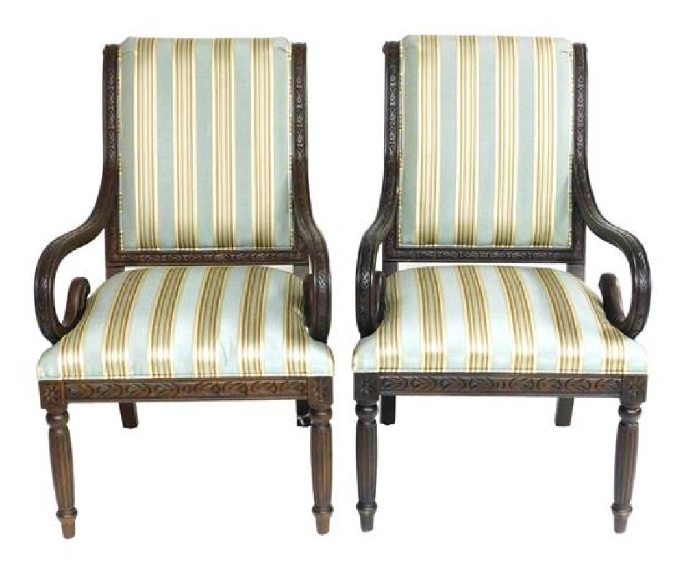 Appraisal: Pair open roll armchairs th C custom light blue cream