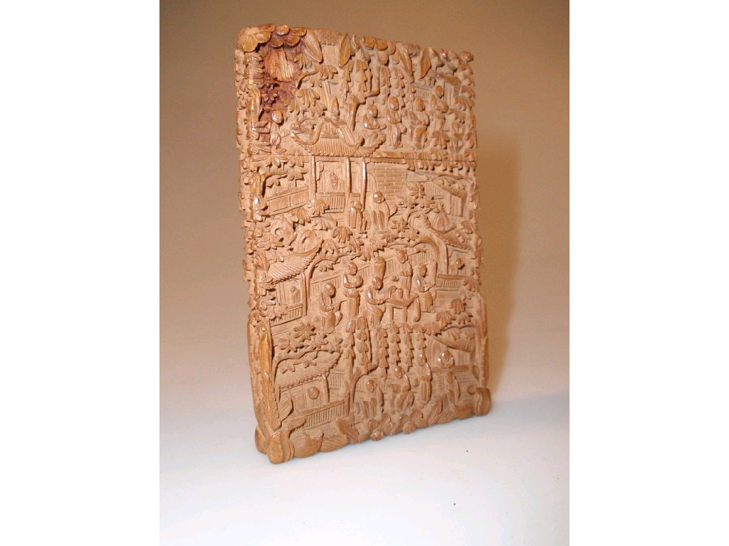 Appraisal: A thC Chinese hardwood card case carved with numerous figures