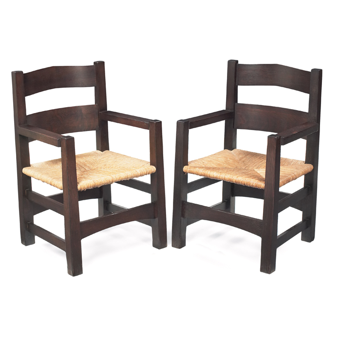 Appraisal: Early and rare Gustav Stickley armchairs pair c peaked slat