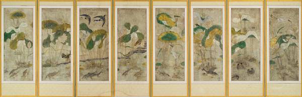 Appraisal: Anonymous Joseon Dynasty th Century Lotus Pond Eight-panel screen painted