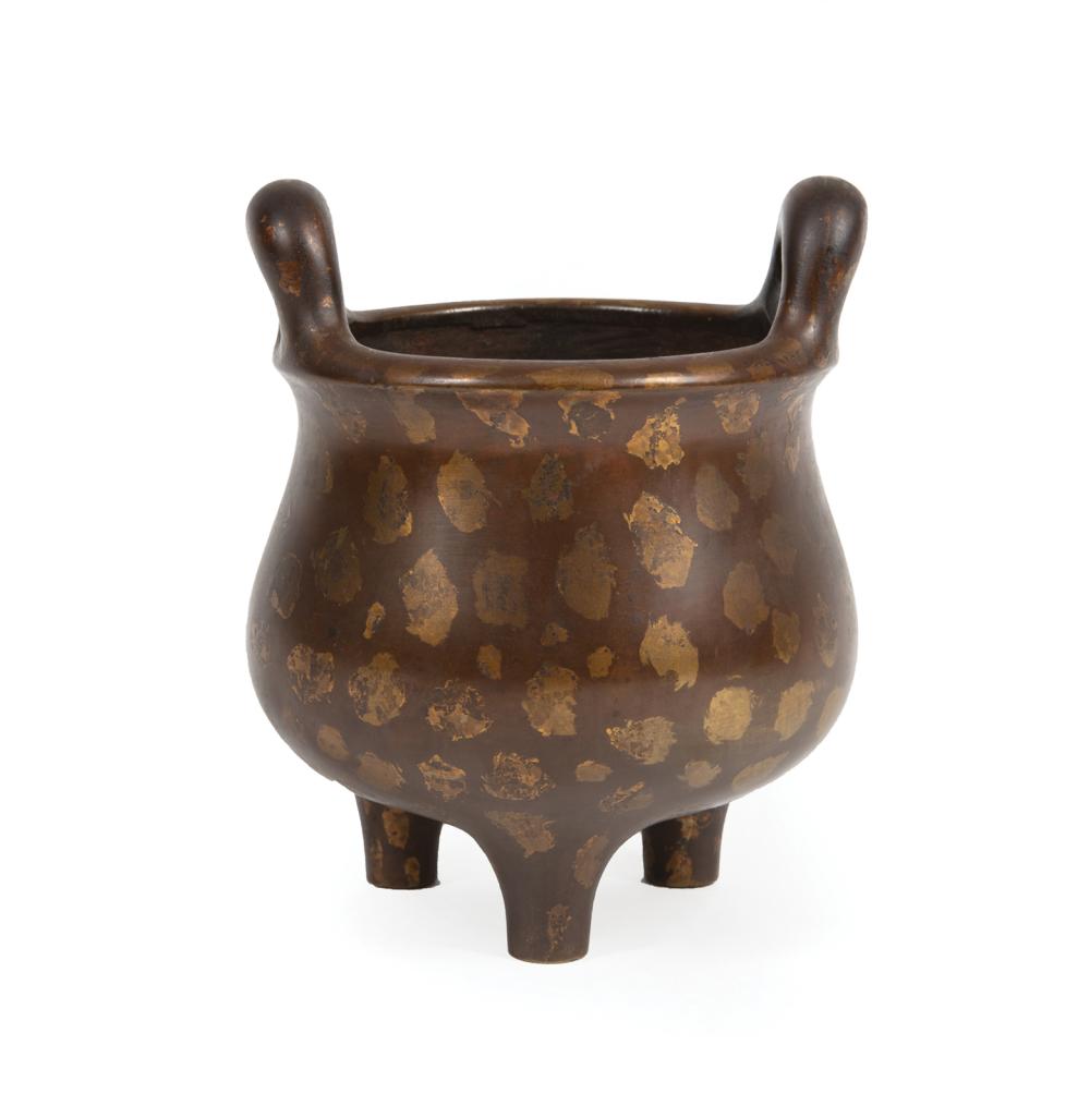 Appraisal: Chinese Gold-Splashed Patinated Bronze Tripod Censer Qing Dynasty - upright