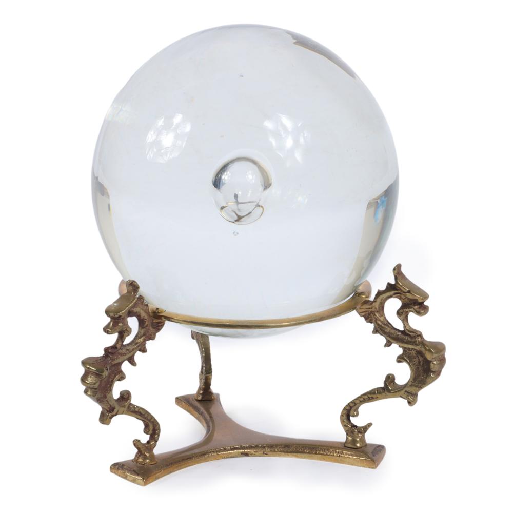 Appraisal: LARGE GLASS ORB CRYSTAL BALL WITH BUBBLE CENTER ON BRASS