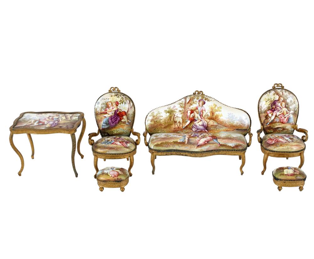 Appraisal: LOUIS XV-STYLE MINIATURE SALON SUITEenamel and gilt metal comprising a