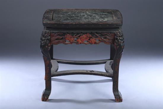 Appraisal: CHINESE CARVED TEAKWOOD LOW TABLE WITH GREEN MARBLE-INSET TOP Rectangular