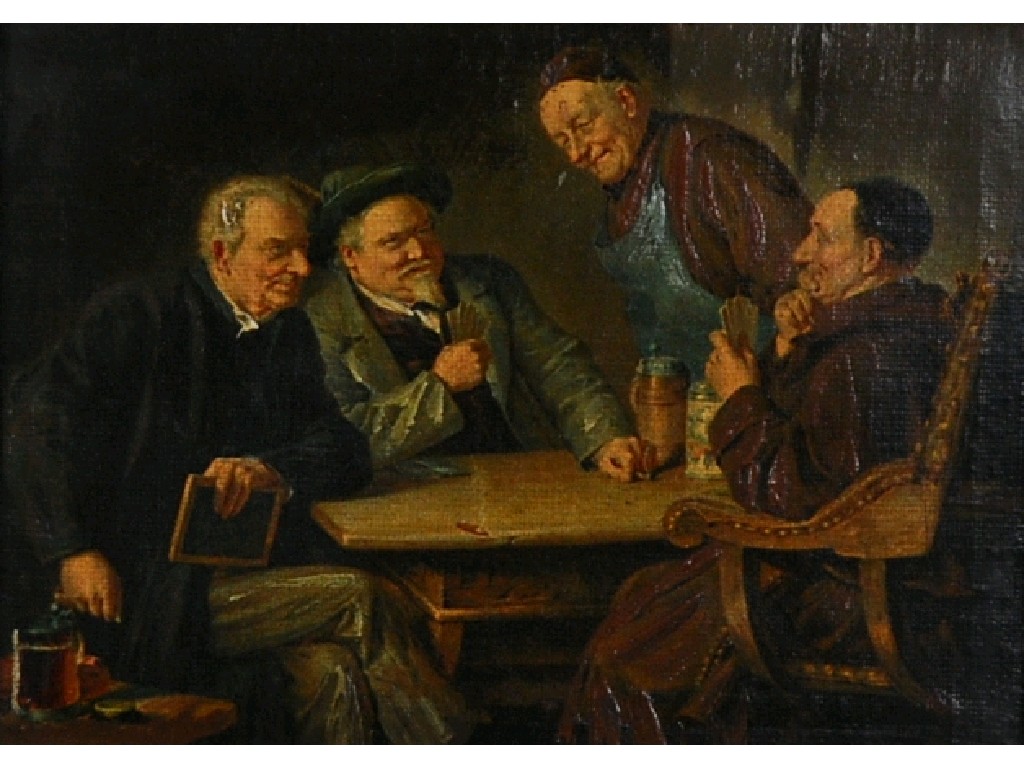 Appraisal: OVERPAINTED PRINT Men playing cards at a table x cm