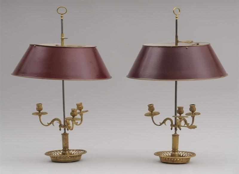 Appraisal: PAIR OF LOUIS XVI STYLE GILT-METAL THREE-LIGHT BOULLIOTTE LAMPS Each