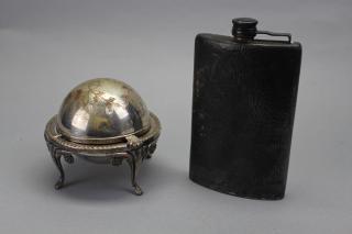 Appraisal: Silverplate Pieces Silverplate Pieces Flask and Roll top butter dish