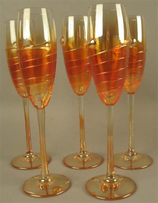 Appraisal: Five R Saroz Iridescent Wine Glasses with applied swirl Each