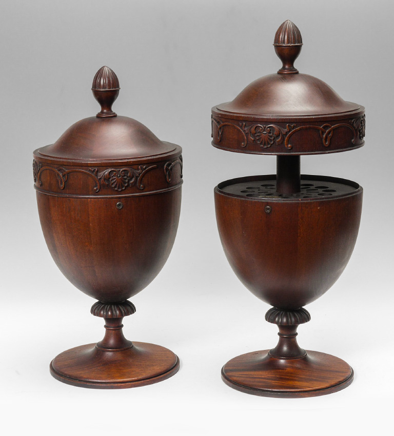 Appraisal: PAIR MAHOGANY URN FORM KNIFE BOXES Fluted finial top with