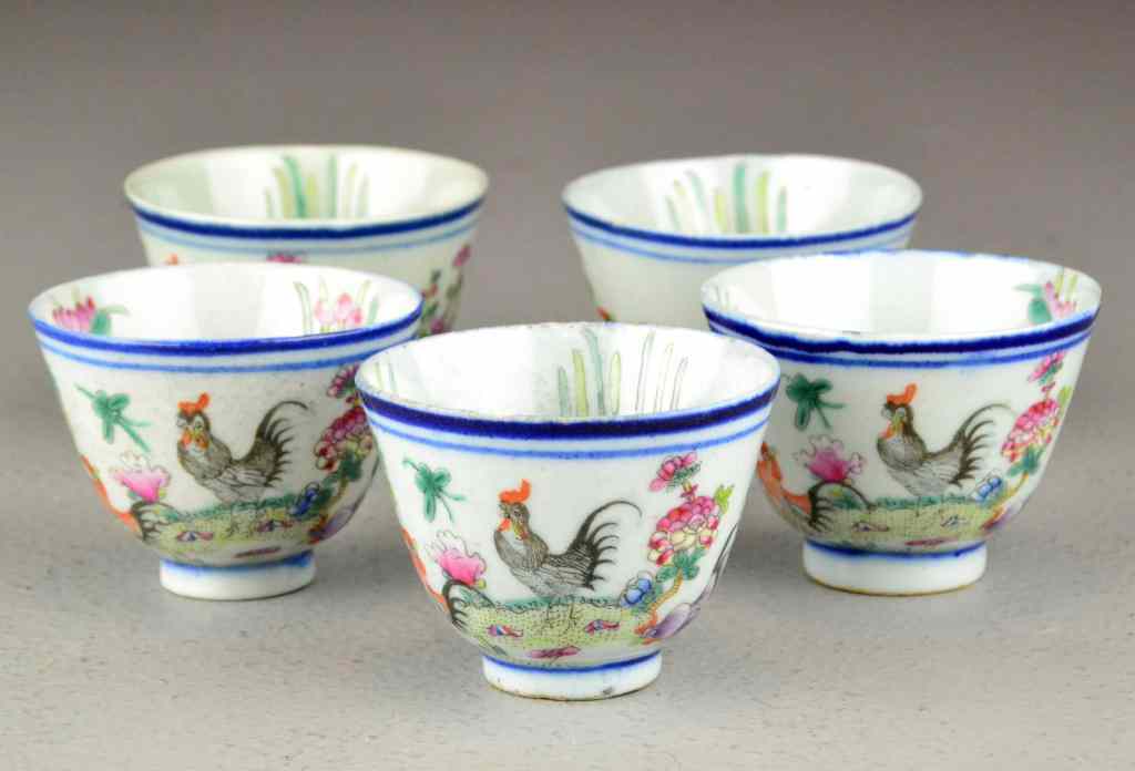 Appraisal: Chinese Qing Famille Rose Tea CupsFinely painted to depict roosters