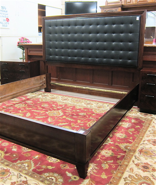 Appraisal: LEATHER PADDED MAHOGANY KING BED WITH RAILS Lexington Home Brands