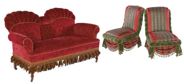 Appraisal: VICTORIAN UPHOLSTERED FURNITURE Grouping of three includes a sofa and