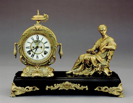 Appraisal: Ansonia gilt-metal and slate figural mantel clock circa rectangular base