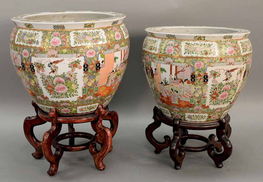 Appraisal: Pair of rose medallion urns ht with stands in ht