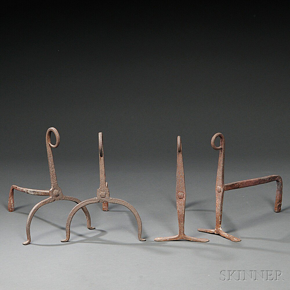 Appraisal: Two Pairs of Small Wrought Iron Andirons America late th