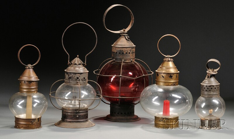 Appraisal: Five Metal and Glass Onion Lanterns America th century two