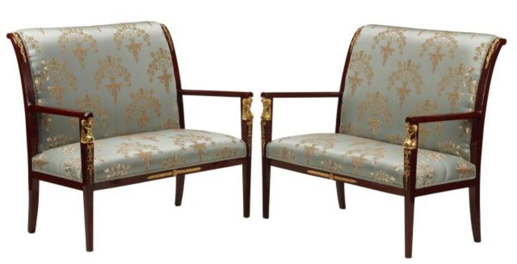 Appraisal: pair Empire style bronze dore mounted and upholstered settees approx