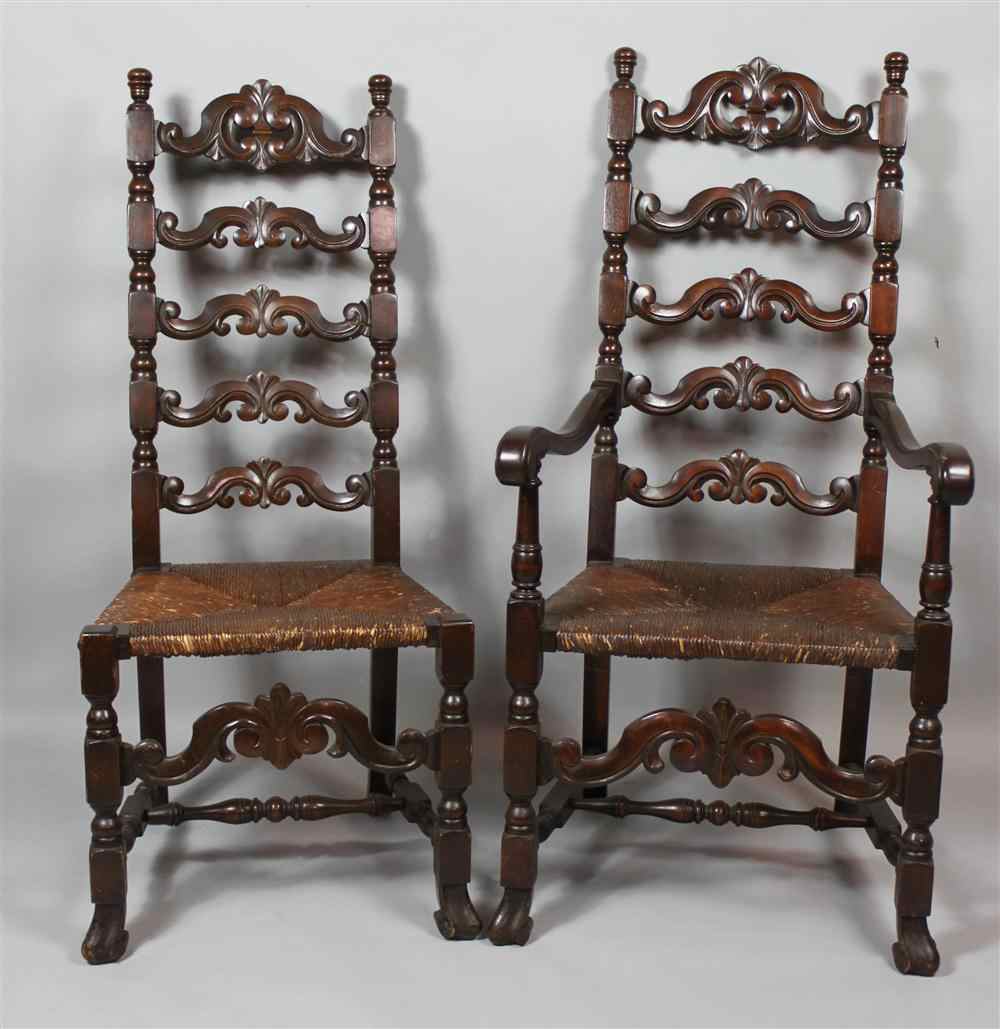 Appraisal: PAIR OF BAROQUE STYLE WALNUT-STAINED RUSH SEAT LADDER BACK SIDE