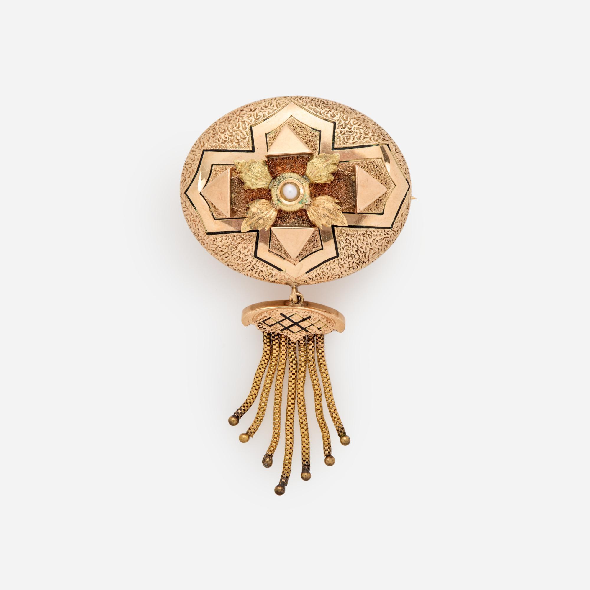 Appraisal: VICTORIAN OVAL BROOCH WITH TASSEL AND SEED PEARL IN K