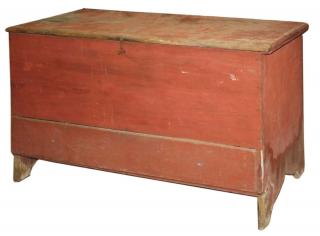 Appraisal: th c original red paint pine drawer lift top blanket