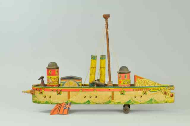 Appraisal: BLISS PIRATE GUNBOAT Lithographed paper on wood floor pull boat