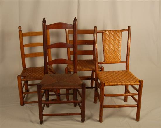 Appraisal: Four Country Side Chairs a Hickory twig chair with splint